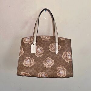 Coach Signature Canvas Floral Tote Bag Brown Cream Leather Trim